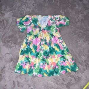 Women’s Small Peach Love California Green and Pink Puff Sleeve Sundress